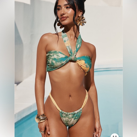 Mina Bandeau Halter Chiffon Sarong 3 Piece Bikini Set - Yellow/combo NWOT - Picture 2 of 4